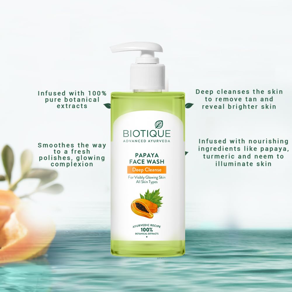 Biotique Papaya Deep Cleanse Face Wash | Gentle Exfoliation | Visibly Glowing Skin | 100% Botanical Extracts| Suitable for All Skin Types | 2x100ml