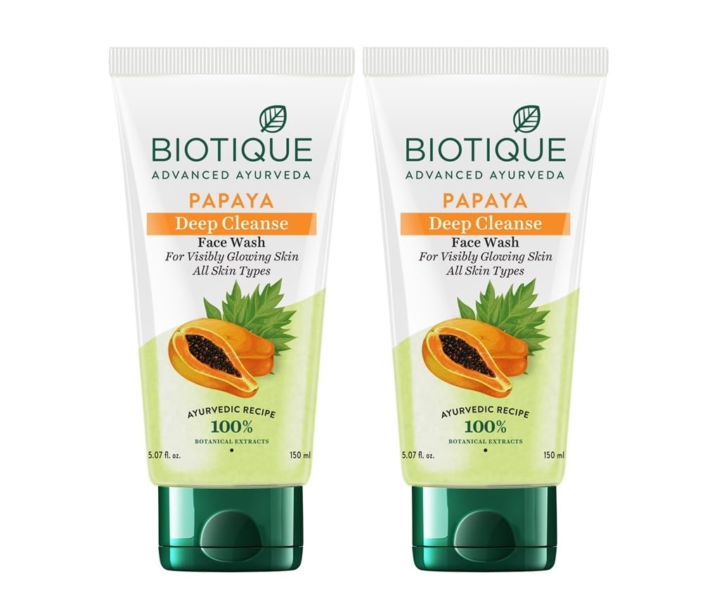 Biotique Papaya Deep Cleanse Face Wash | Gentle Exfoliation | Visibly Glowing Skin | 100% Botanical Extracts| Suitable for All Skin Types | 2x100ml