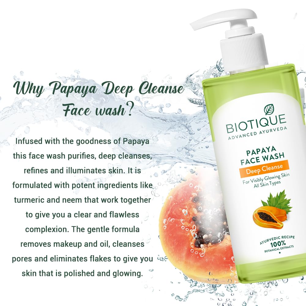 Biotique Papaya Deep Cleanse Face Wash | Gentle Exfoliation | Visibly Glowing Skin | 100% Botanical Extracts| Suitable for All Skin Types | 2x100ml