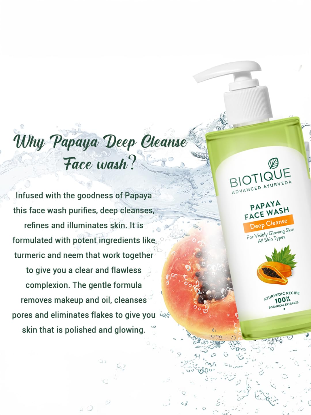 Biotique Papaya Deep Cleanse Face Wash | Gentle Exfoliation | Visibly Glowing Skin | 100% Botanical Extracts| Suitable for All Skin Types | 2x100ml