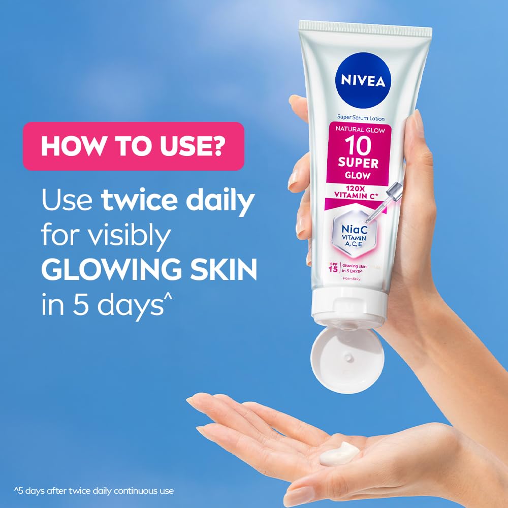 NIVEA Super 10 Glow Body Serum Lotion 170ml | 120X Vitamin C Niacinamide Body Lotion SPF15 Daily Sunscreen | Reduces Dullness and Dark Spots | Lightweight Fast Absorbing Moisturizer | Glowing Skin in 5 Days