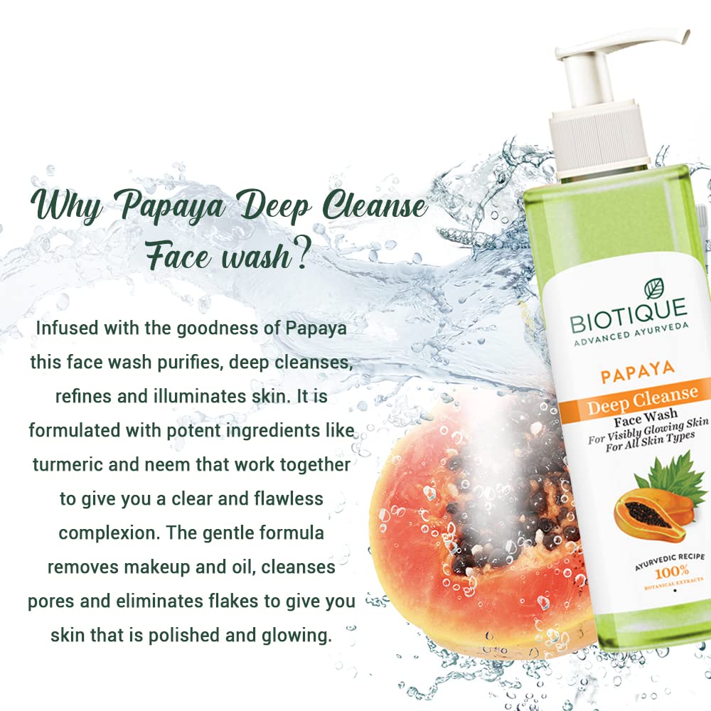 Biotique Papaya Deep Cleanse Face Wash | Gentle Exfoliation | Visibly Glowing Skin | 100% Botanical Extracts| Suitable for All Skin Types | 2x100ml