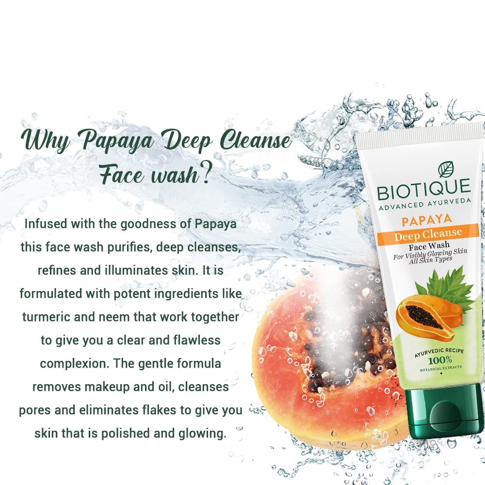 Biotique Papaya Deep Cleanse Face Wash | Gentle Exfoliation | Visibly Glowing Skin | 100% Botanical Extracts| Suitable for All Skin Types | 2x100ml