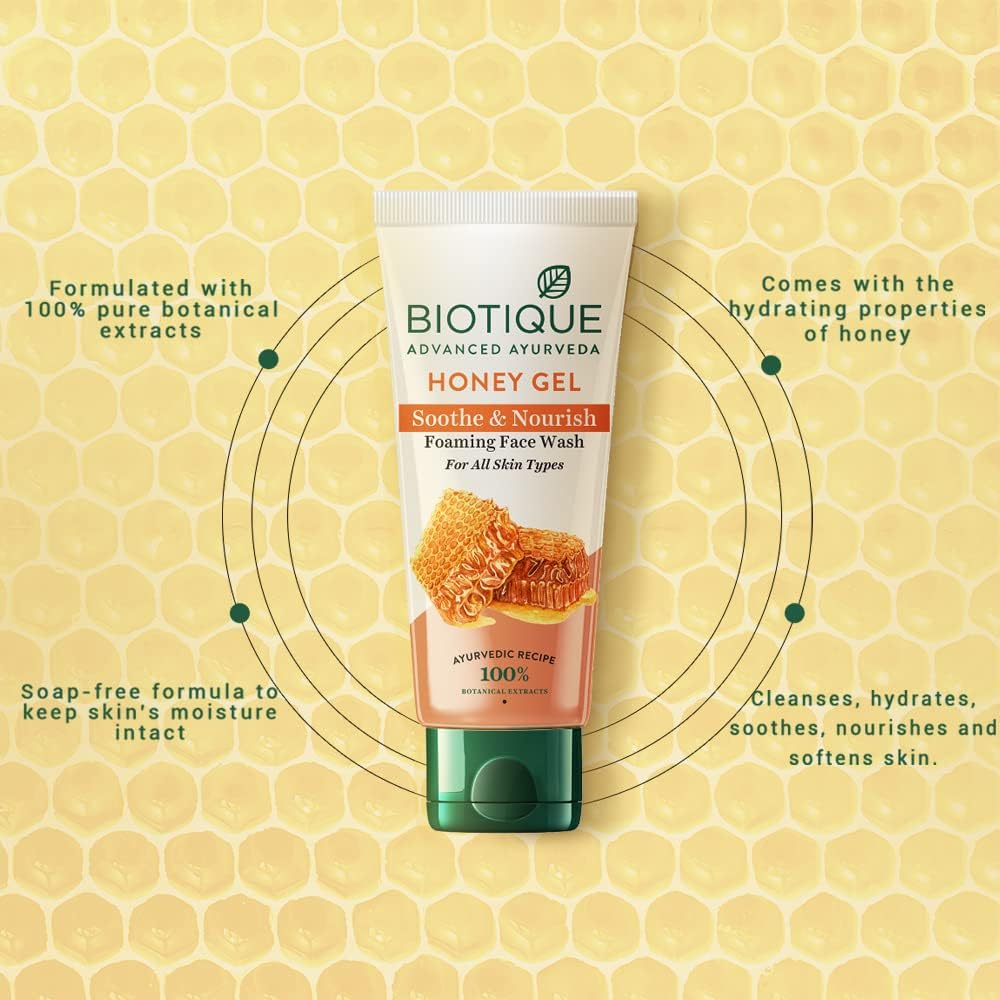 Biotique Honey Gel Soothe & Nourish Foaming Face wash | Soap Free Formula | Reduce Dryness | 100% Botanical Extracts | Suitable for All Skin Types | 150ml