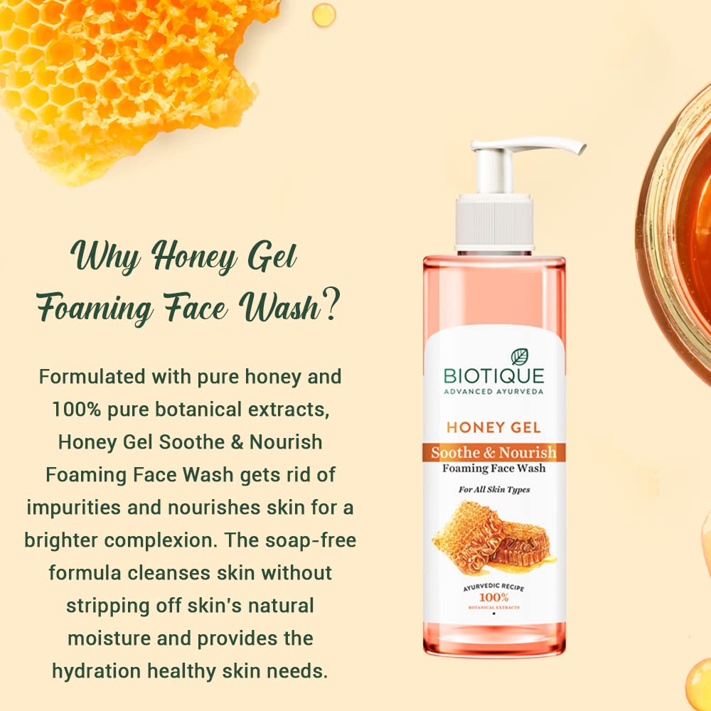 Biotique Honey Gel Soothe & Nourish Foaming Face wash | Soap Free Formula | Reduce Dryness | 100% Botanical Extracts | Suitable for All Skin Types | 150ml