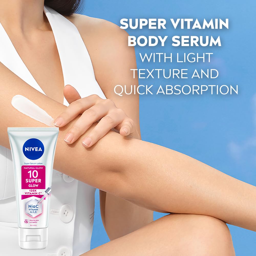 NIVEA Super 10 Glow Body Serum Lotion 170ml | 120X Vitamin C Niacinamide Body Lotion SPF15 Daily Sunscreen | Reduces Dullness and Dark Spots | Lightweight Fast Absorbing Moisturizer | Glowing Skin in 5 Days