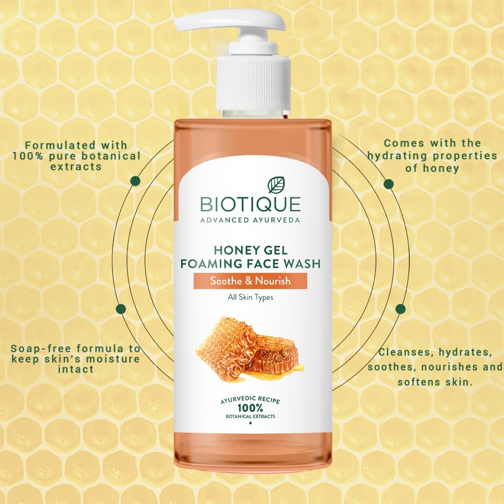 Biotique Honey Gel Soothe & Nourish Foaming Face wash | Soap Free Formula | Reduce Dryness | 100% Botanical Extracts | Suitable for All Skin Types | 150ml