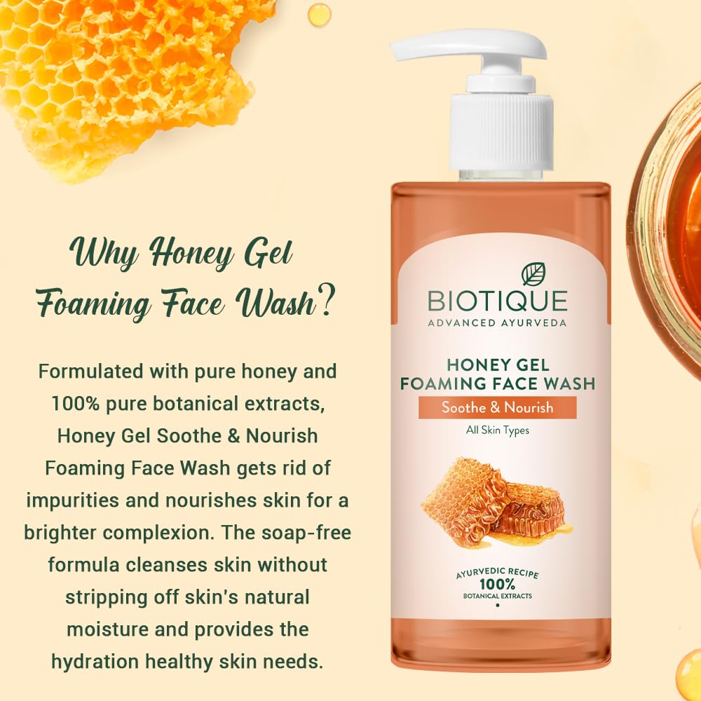 Biotique Honey Gel Soothe & Nourish Foaming Face wash | Soap Free Formula | Reduce Dryness | 100% Botanical Extracts | Suitable for All Skin Types | 150ml