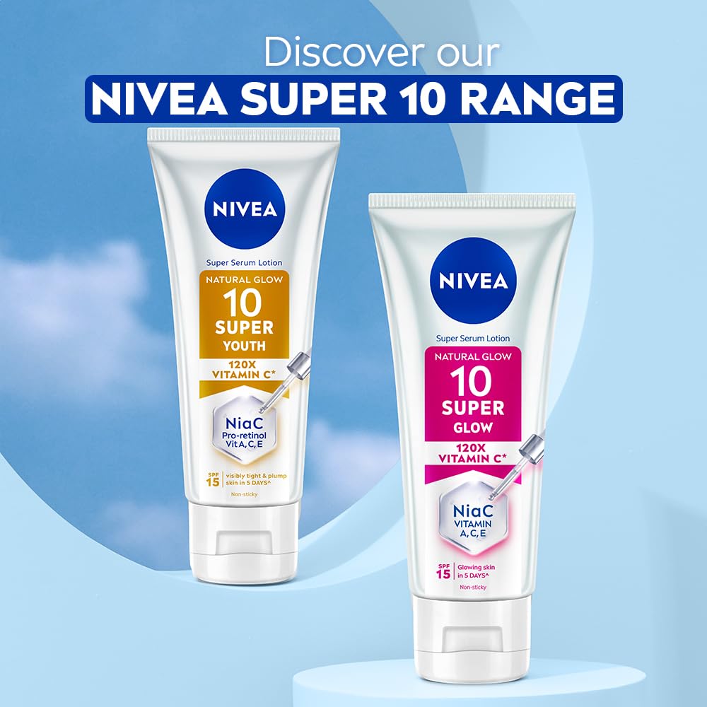 NIVEA Super 10 Glow Body Serum Lotion 170ml | 120X Vitamin C Niacinamide Body Lotion SPF15 Daily Sunscreen | Reduces Dullness and Dark Spots | Lightweight Fast Absorbing Moisturizer | Glowing Skin in 5 Days