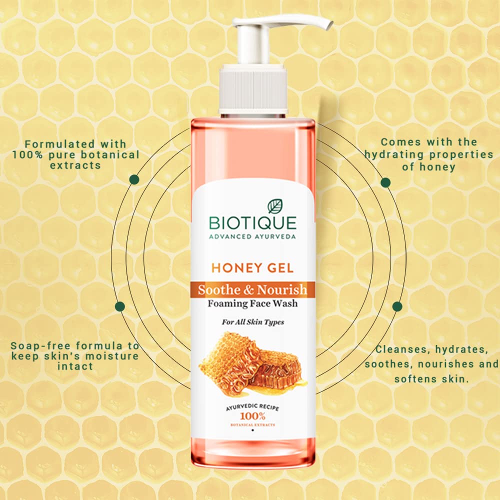 Biotique Honey Gel Soothe & Nourish Foaming Face wash | Soap Free Formula | Reduce Dryness | 100% Botanical Extracts | Suitable for All Skin Types | 150ml