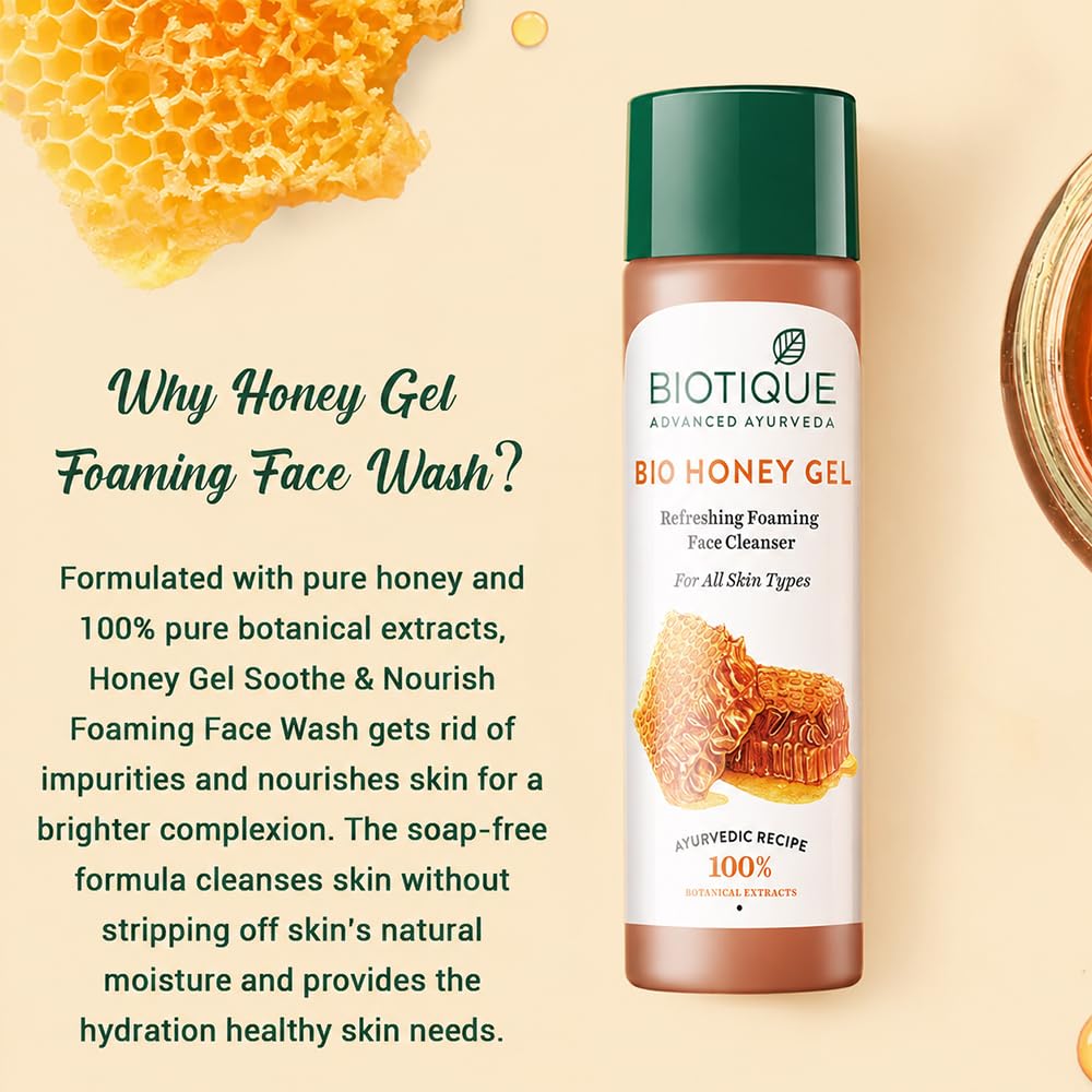 Biotique Honey Gel Soothe & Nourish Foaming Face wash | Soap Free Formula | Reduce Dryness | 100% Botanical Extracts | Suitable for All Skin Types | 150ml