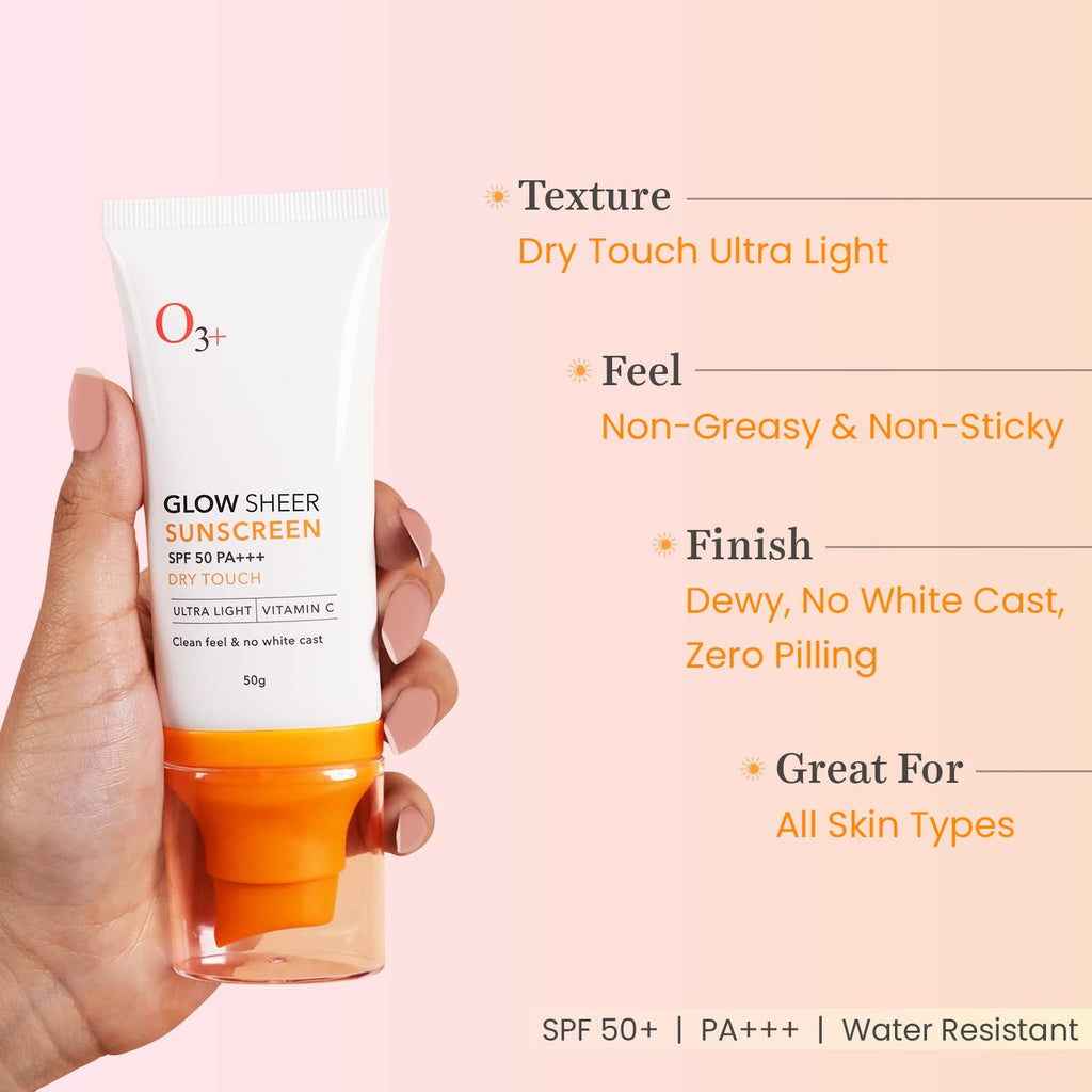 O3+ Glow Sheer Sunscreen SPF 50 PA+++ (50gm) | Lightweight Cream | No White Cast | Sunscreen For Oily Skin, Dry Skin | For Women & Men