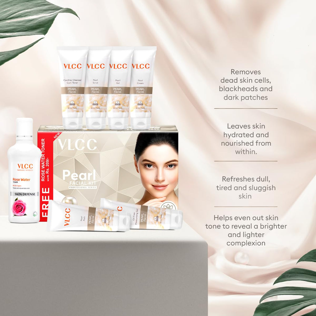 VLCC Pearl Facial Kit with FREE Rose Water Toner - 300g + 100ml | Luminous and Radiant Skin | At Home Facial with Pearl Extracts, Sandalwood, Turmeric & Aloe Vera | Tan Removal Facial Kit.