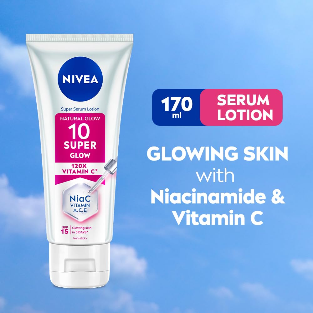 NIVEA Super 10 Glow Body Serum Lotion 170ml | 120X Vitamin C Niacinamide Body Lotion SPF15 Daily Sunscreen | Reduces Dullness and Dark Spots | Lightweight Fast Absorbing Moisturizer | Glowing Skin in 5 Days