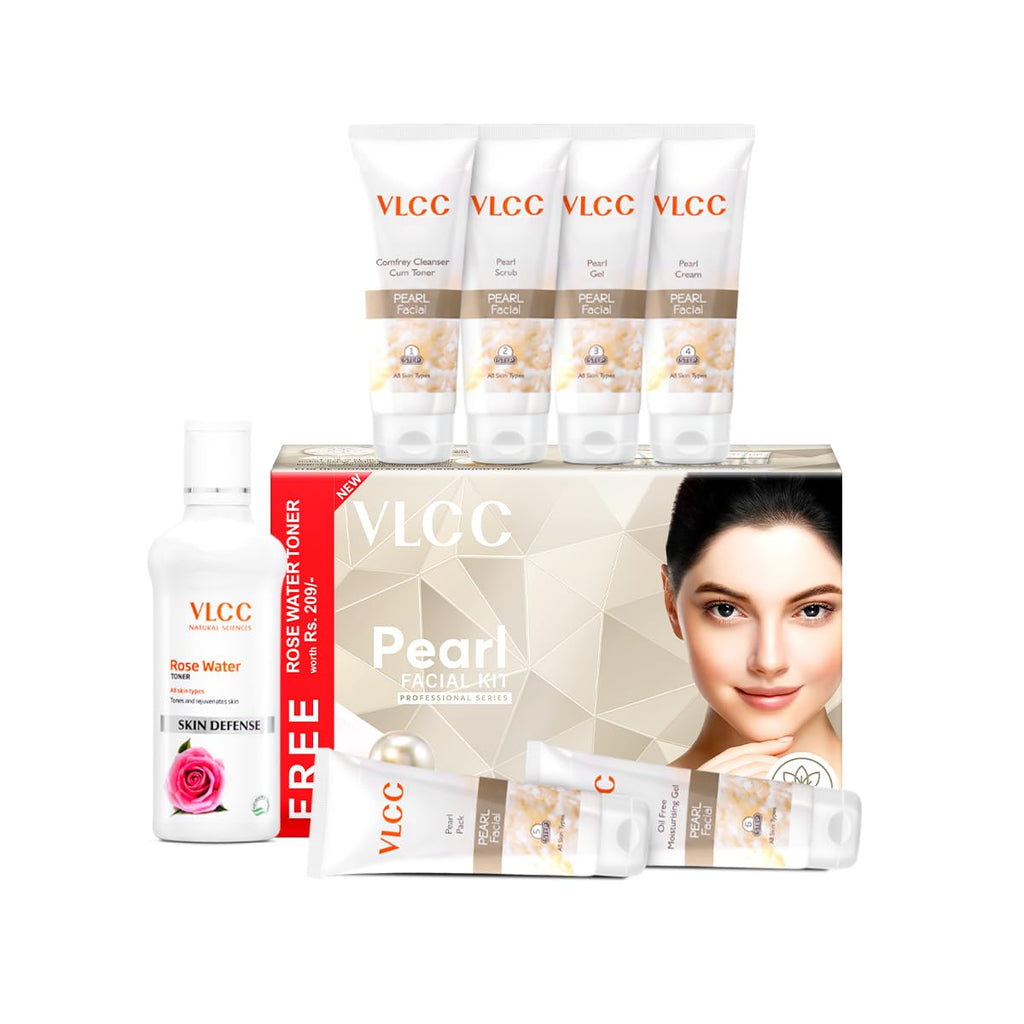 VLCC Pearl Facial Kit with FREE Rose Water Toner - 300g + 100ml | Luminous and Radiant Skin | At Home Facial with Pearl Extracts, Sandalwood, Turmeric & Aloe Vera | Tan Removal Facial Kit.
