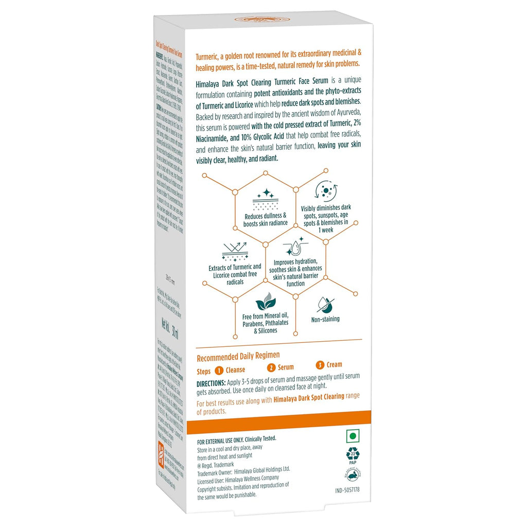 Himalaya Dark Spot Clearing Turmeric Face Serum, 15 mL | with 10% Glycolic Acid, 2% Niacinamide & Organically sourced Turmeric | Visibly Reduces Dark Spots from Day 7 | Clinically Tested | Non Staining