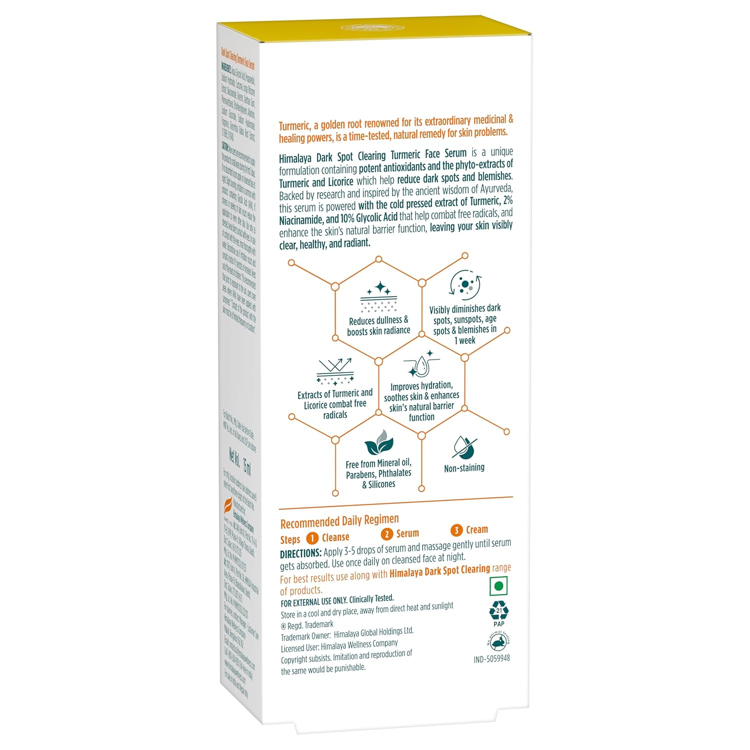 Himalaya Dark Spot Clearing Turmeric Face Serum, 15 mL | with 10% Glycolic Acid, 2% Niacinamide & Organically sourced Turmeric | Visibly Reduces Dark Spots from Day 7 | Clinically Tested | Non Staining
