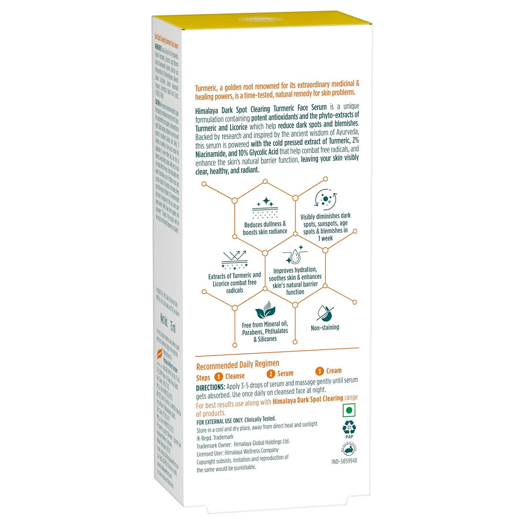 Himalaya Dark Spot Clearing Turmeric Face Serum, 15 mL | with 10% Glycolic Acid, 2% Niacinamide & Organically sourced Turmeric | Visibly Reduces Dark Spots from Day 7 | Clinically Tested | Non Staining